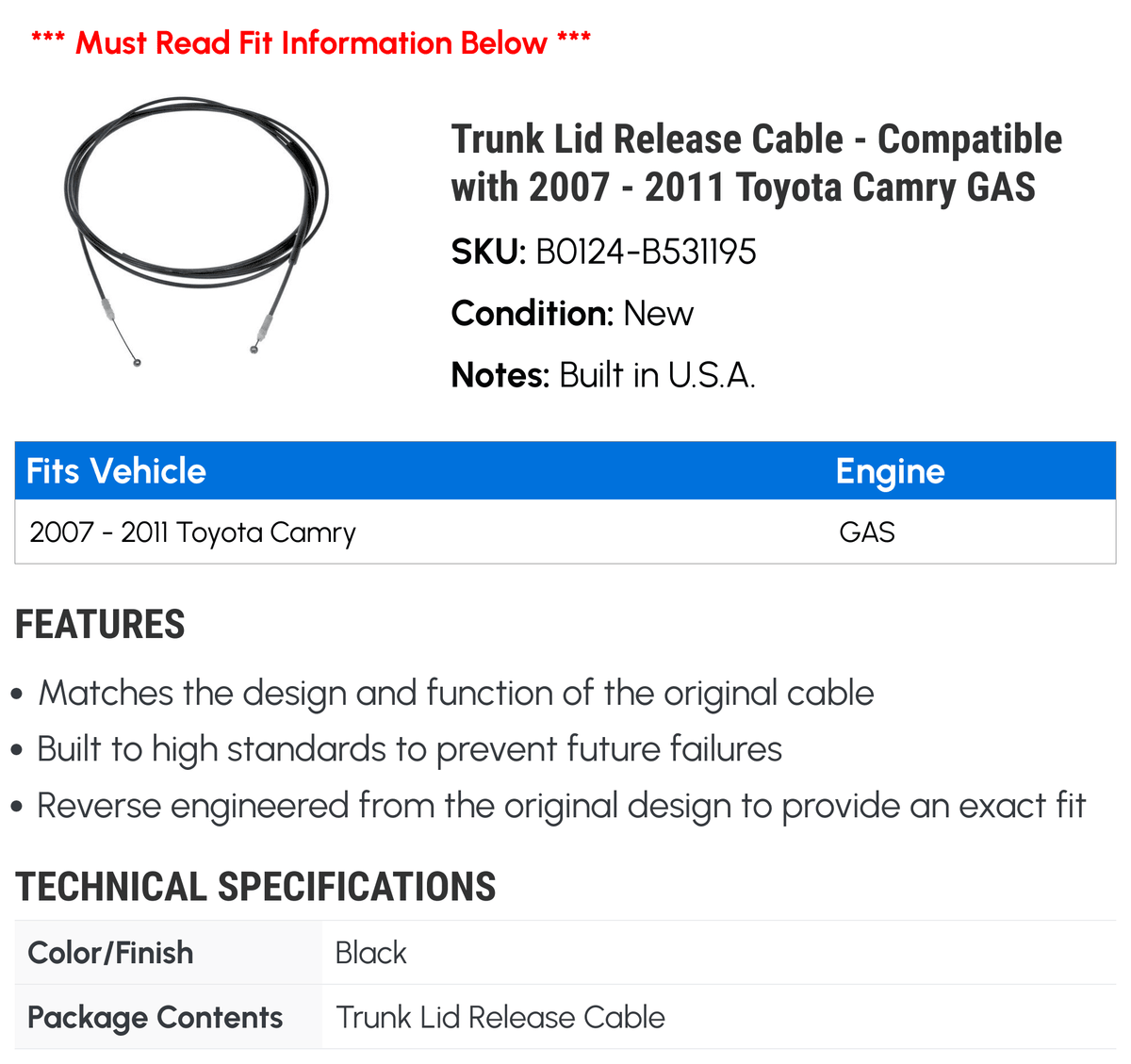 Compatible 2009 2008 Trunk - - Toyota 2007 Lid Release 2011 GAS 2010 Cable Camry with