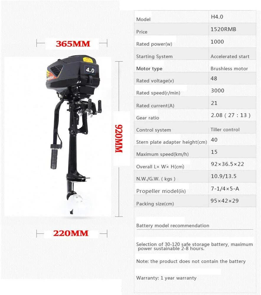 Motor Propeller Trolling Start Motor Motor, Trolley Electric Boat Electric Engine 4HP Brushless Outboard Driver Duty Outboard Heavy Marine 1000W Miumaeov Propeller