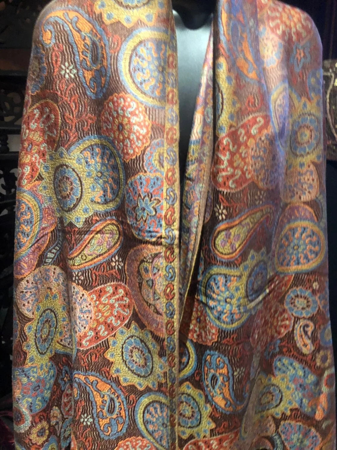 Orange Pashmina Brown Vintage Scarf Brocade Paisley Wrap