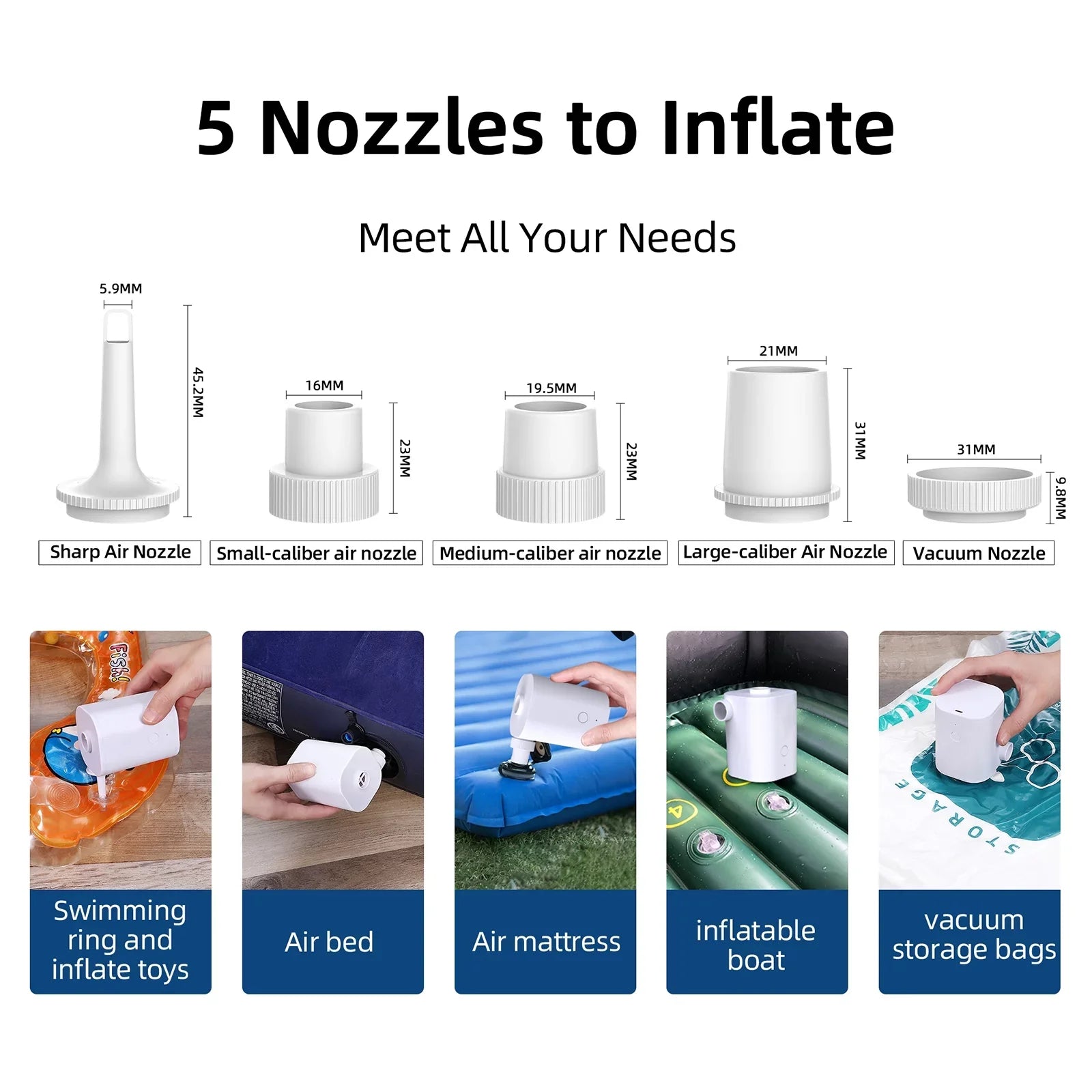 Pool Battery with Swimming Nozzles 5 Air Pumps Air with Pump Deflator for Air Mattress Inflatables Ring Quick Air Bed Pump Electric USB Inflator Toy 2500mAh