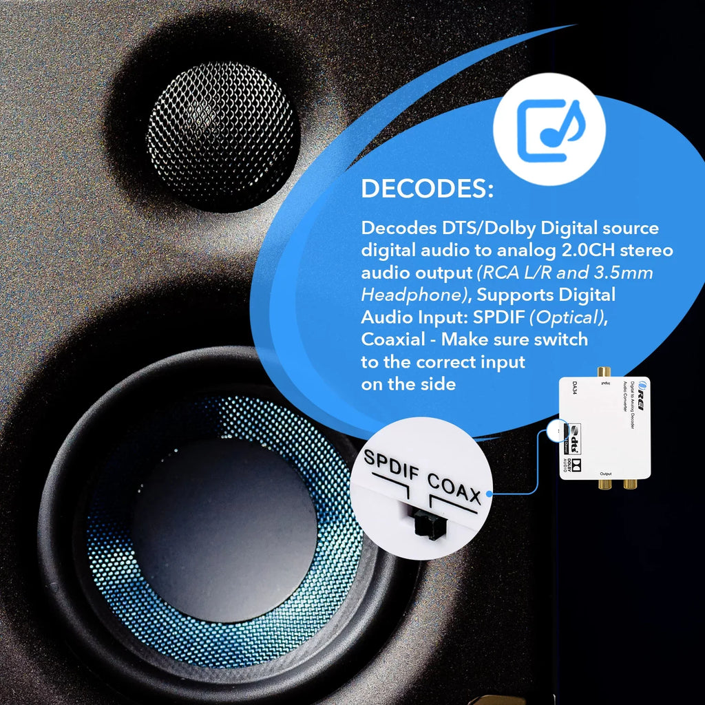 Analog L/R/3.5mm Output Input DA34 RCA 5.1-Channel Headphone to SPDIF/Coaxial Orei to Audio Decoder Digital