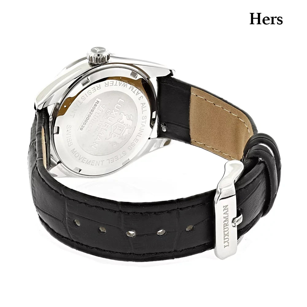 Band Matching Diamond Leather Watches w Mvt Hers MOP Black White His Real Swiss and