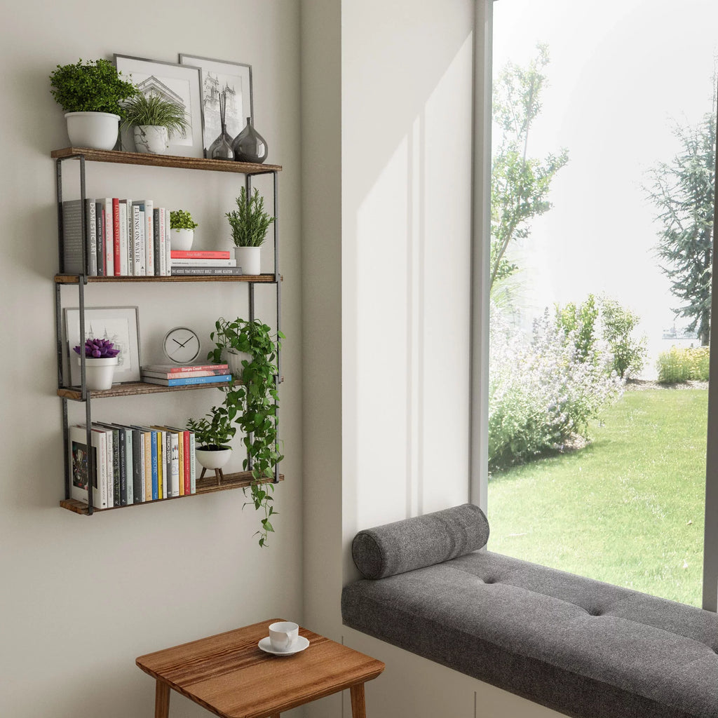 Porto Wall Kitchen 4-Tier Rustic Floating Wood Farmhouse for Laundry Bookcases Organizer, Burned Storage Natural Wallniture Shelves
