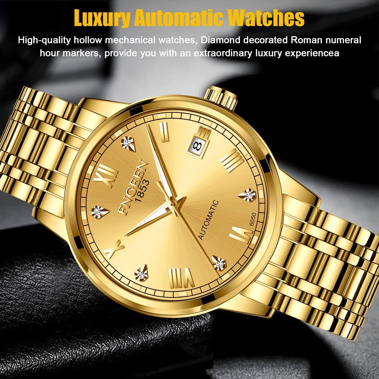 Stainless Wrist Men Mechanical Watch Gold Luxury Automatic Tone Waterproof Steel