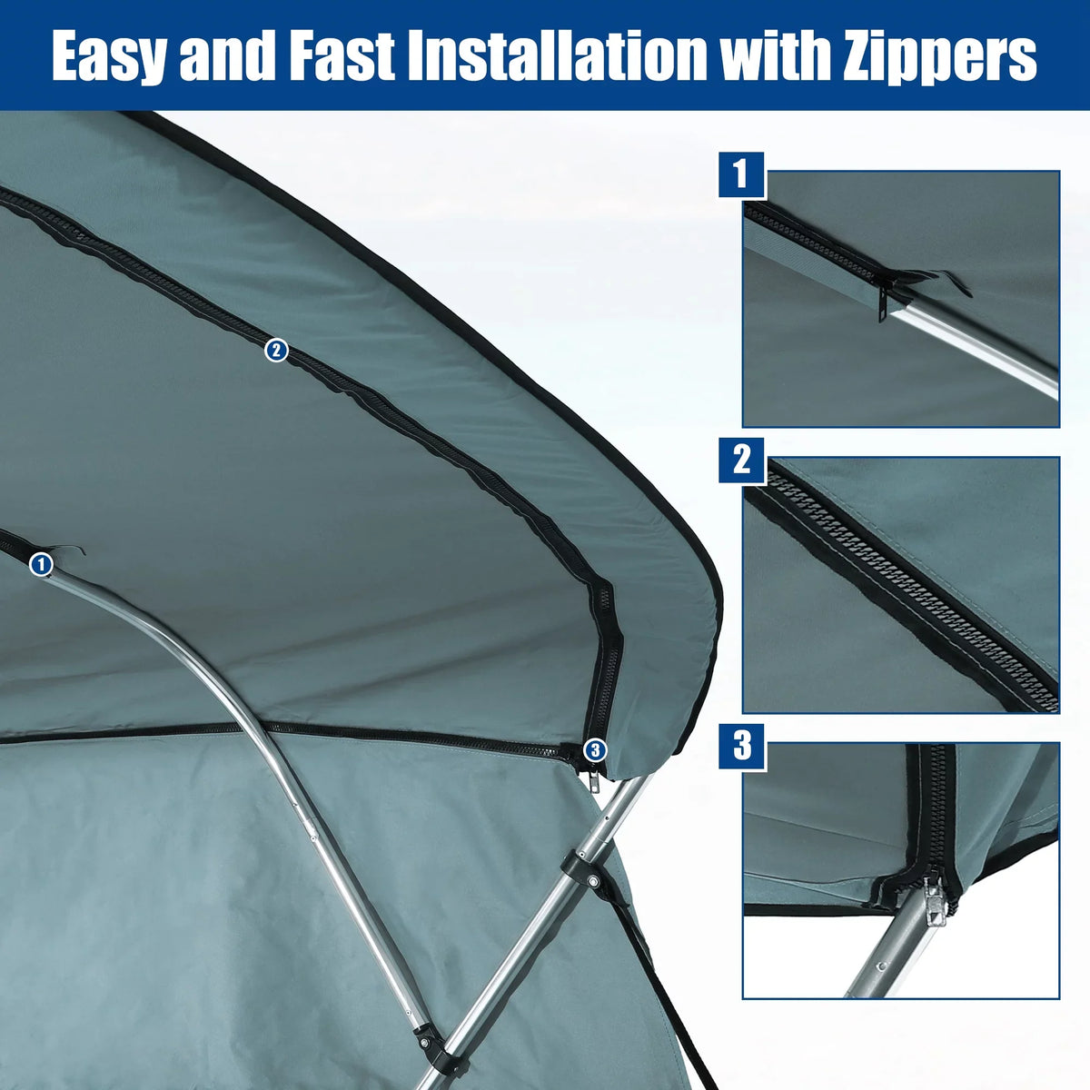 Detachable Canvas With Gray Side 4Bow 8'Lx54"Hx91"-96"W Unique Top Blocks Bimini Bargains