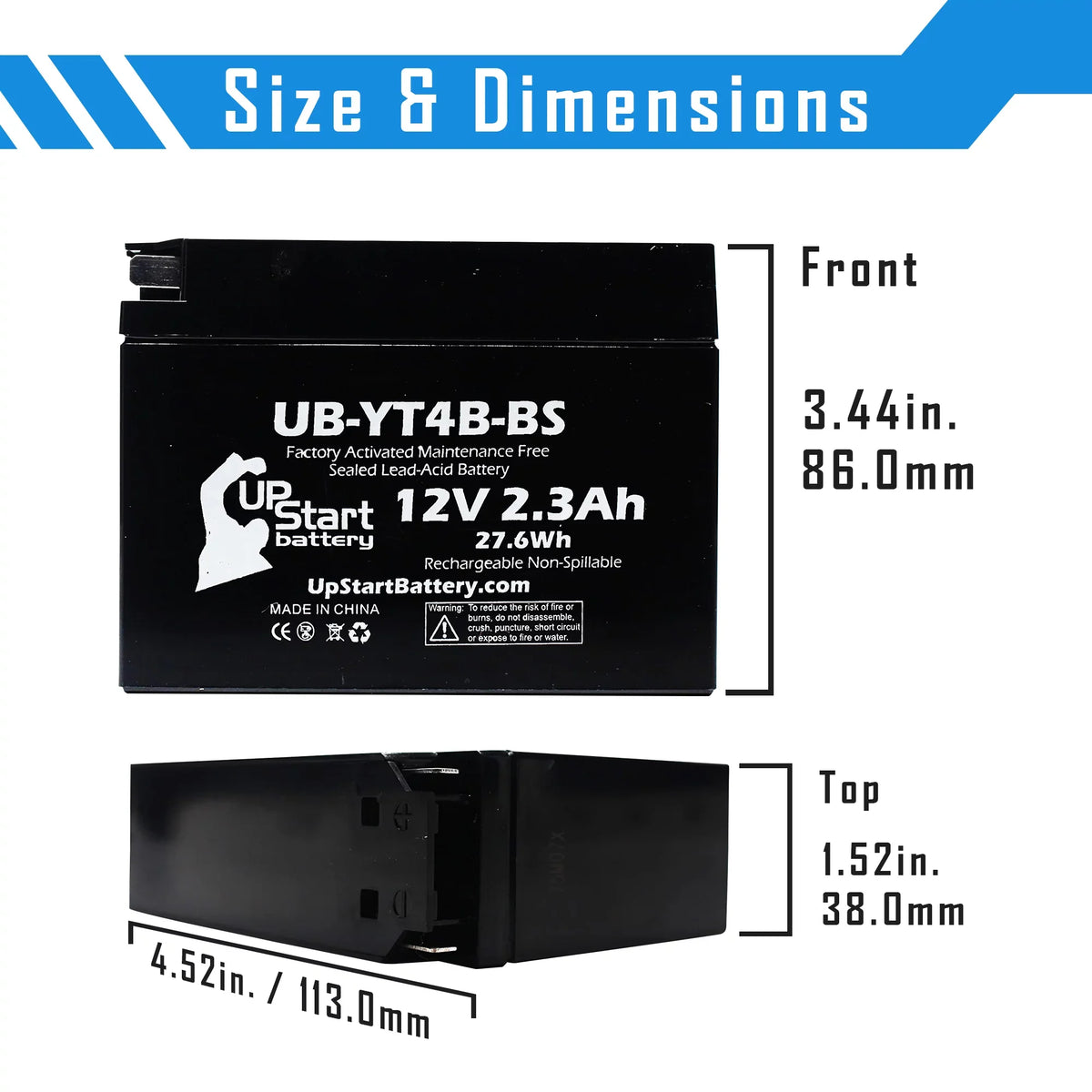 Free, Maintenance Yamaha SR400 for 400CC Activated, Battery Battery UpStart Motorcycle 2008 12V, UB-YT4B-BS - 3-Pack 2.3Ah, Replacement Factory