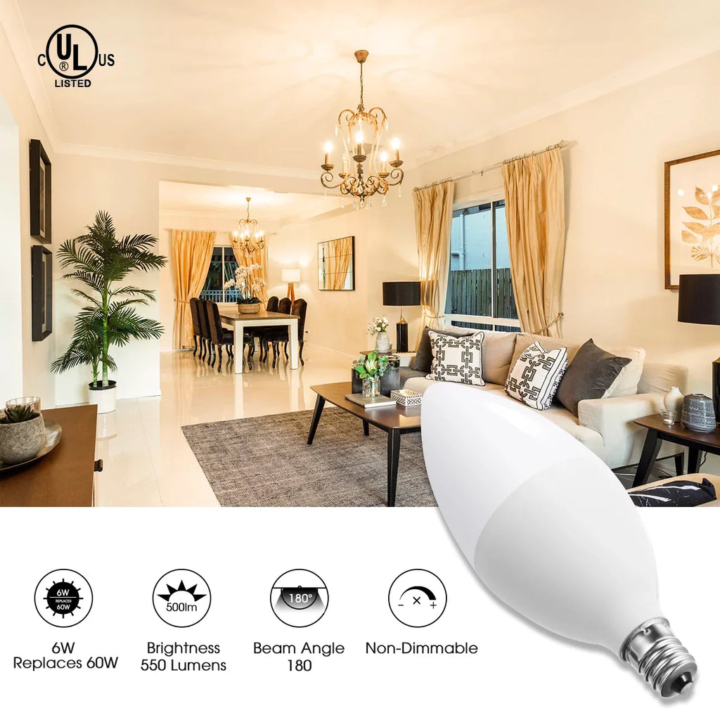 Daylight Watts), 550LM, for E12 Equivalent(6 Dimmable, 60W White Candelabra Chandelier, Bulbs, Ceiling LED Pack Light Fan, 5000K, Dimmable, 12