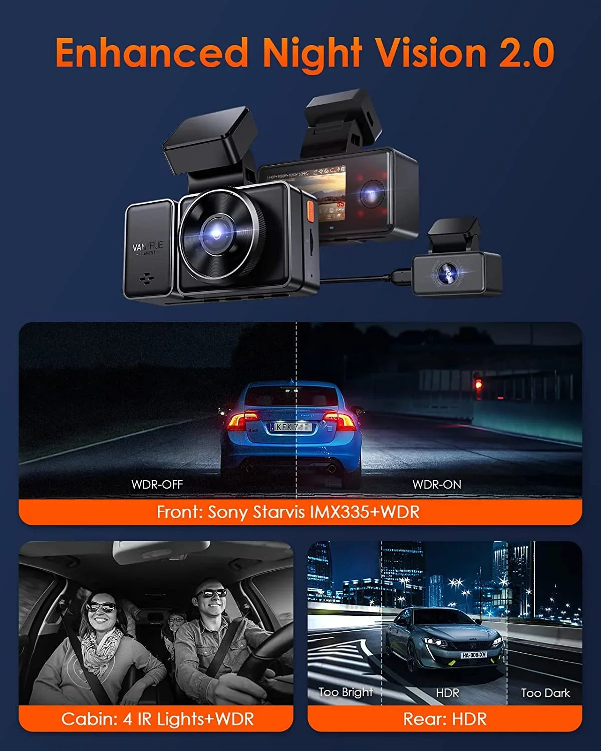 and WiFi Control, Way IR Support Dash Vantrue Dash 24 STARVIS Triple Front Inside, 3 Hours 2.5K GPS with Vision, Cam Night Rear Mode, Camera Channel Max Parking 512GB 3 E3 Voice 1944P+1080P+1080P
