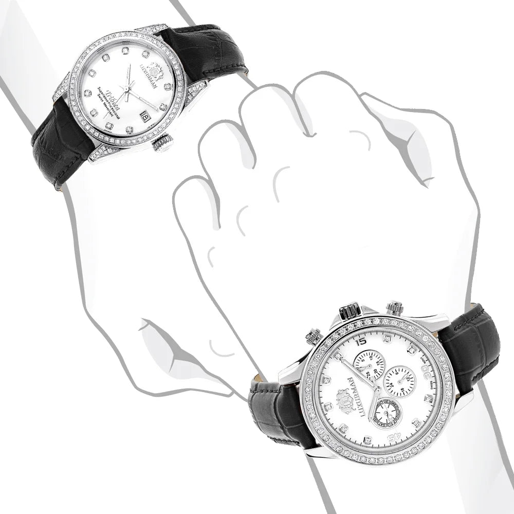 Band Matching Diamond Leather Watches w Mvt Hers MOP Black White His Real Swiss and