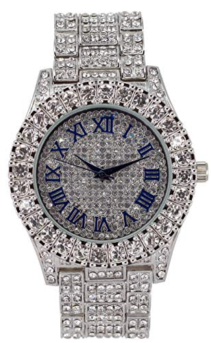 Iced #) Out Wristwatch Mens Dial Rocks Colorful Fully Big Cuban - Shiny RN Silver ST10327 Silver Cuban Out (Silver w/Blinged Bracelet Roman Numerals with R Charles Blue Royal Raymond