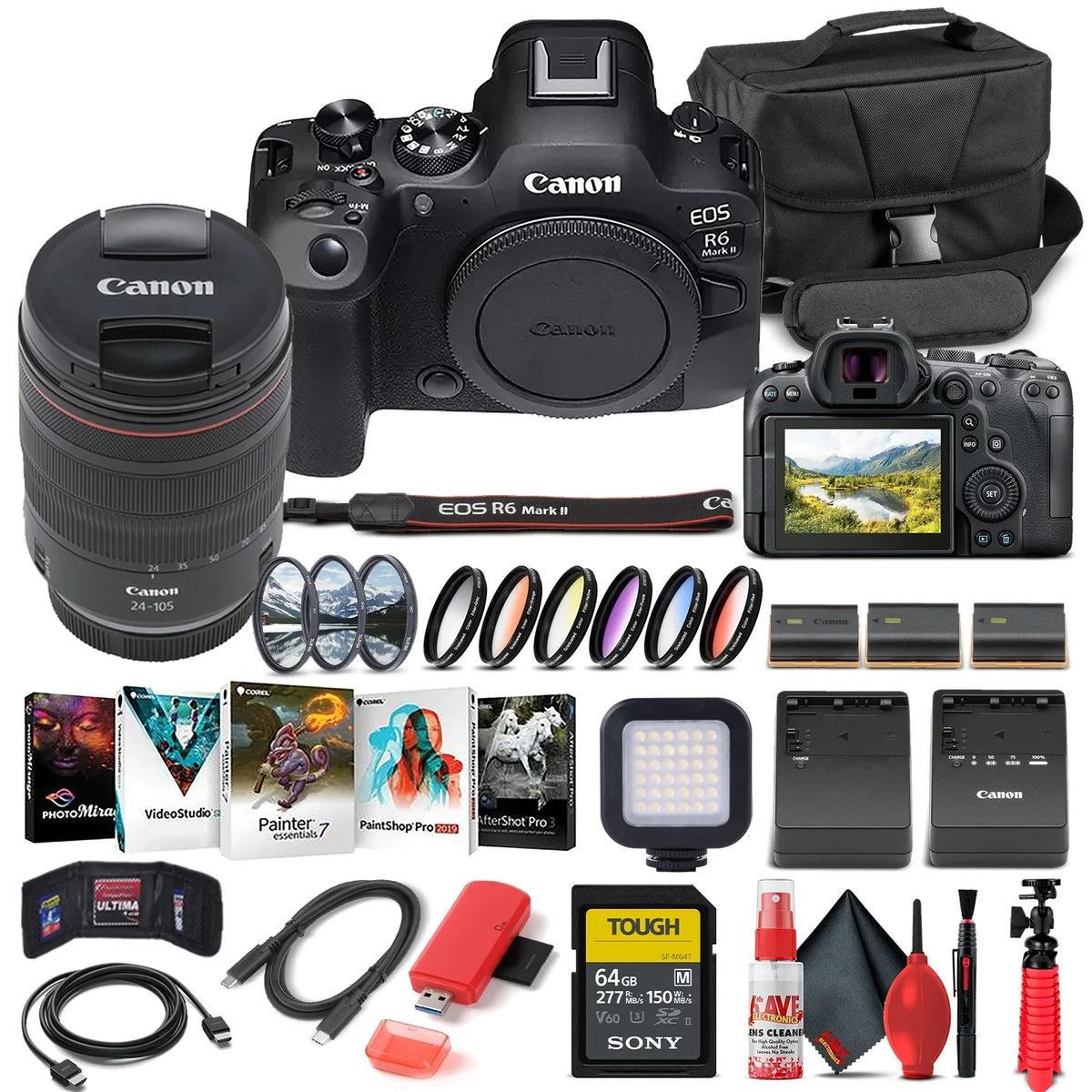 Software 2 Memory + EOS Card Card Battery Mirrorless 24-105mm Case Corel + Lens Light Reader 64GB LED + Canon (5666C011) More + + Mark with Charger Camera x + LPE6 f/4 External + II Photo R6 +