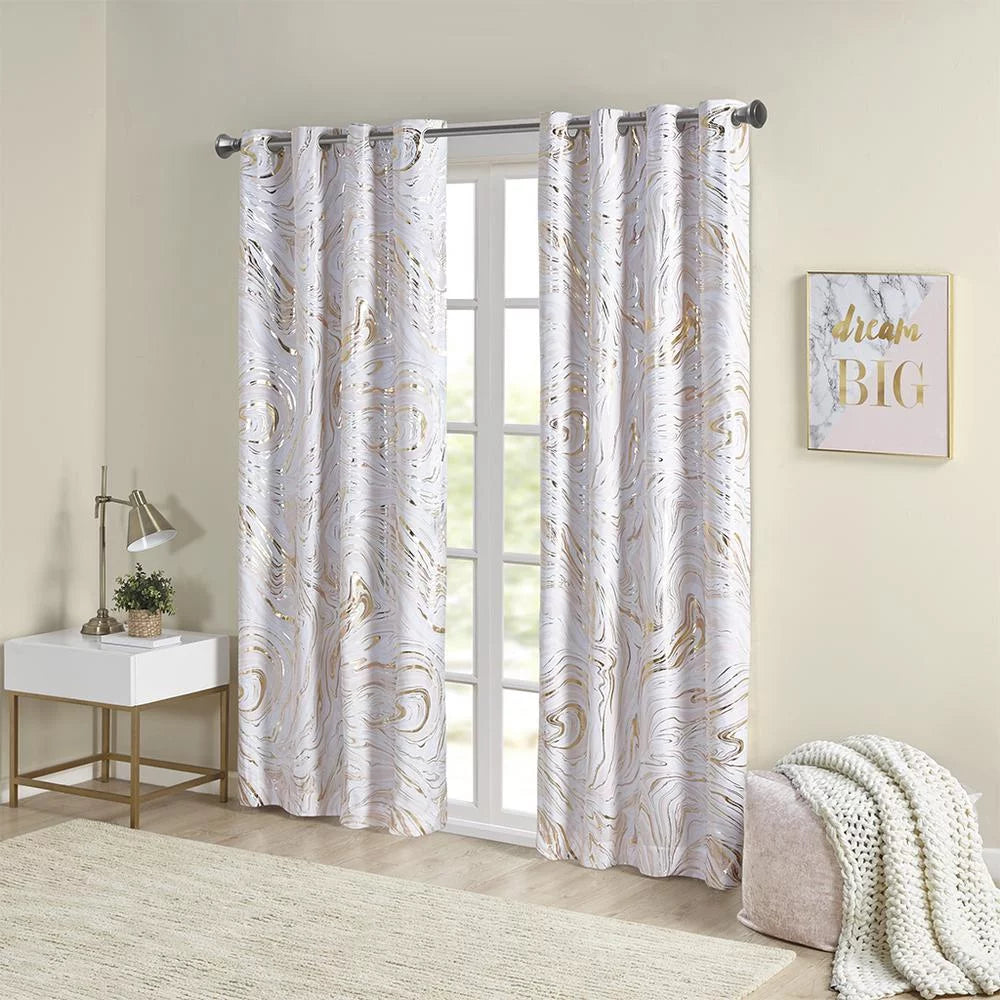 50x84" Total Metallic Marble Intelligent Blackout Grommet Printed Design Top Curtain, Rebecca Blush/Gold,