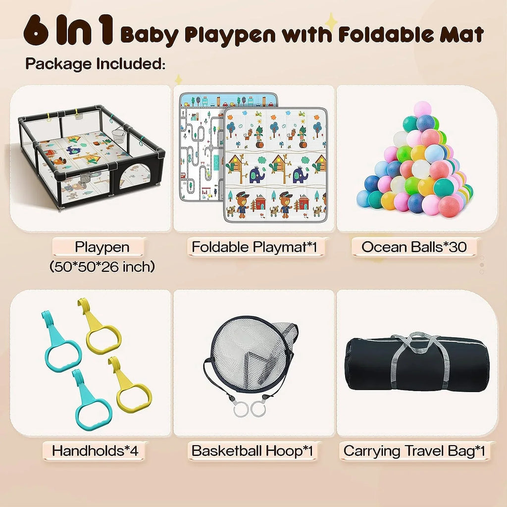 Rod & Sturdy Gate Safe Padding Babies, Washable Protecting Mat, 6in1 Upgraded Padded Playpen Play for with with Top Playpen Yard Toddlers, Zipper Large with 320D Baby for Playpen Cotton Baby