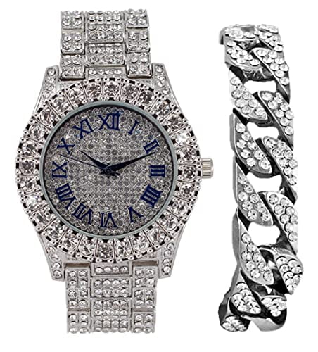 Iced #) Out Wristwatch Mens Dial Rocks Colorful Fully Big Cuban - Shiny RN Silver ST10327 Silver Cuban Out (Silver w/Blinged Bracelet Roman Numerals with R Charles Blue Royal Raymond