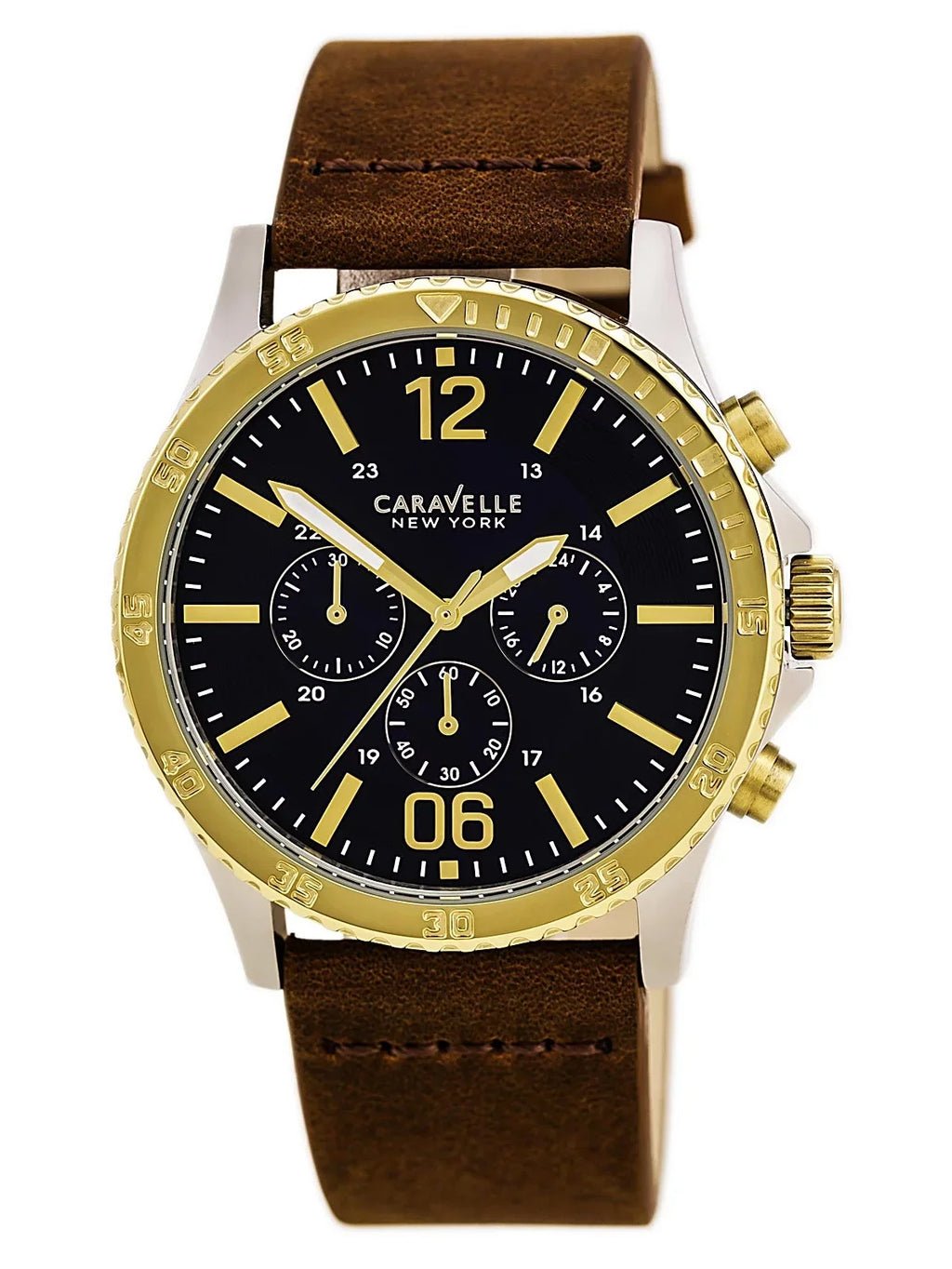 Brown Strap Caravelle Leather Men's Sport Blue 45A135 Watch Dial Chronograph