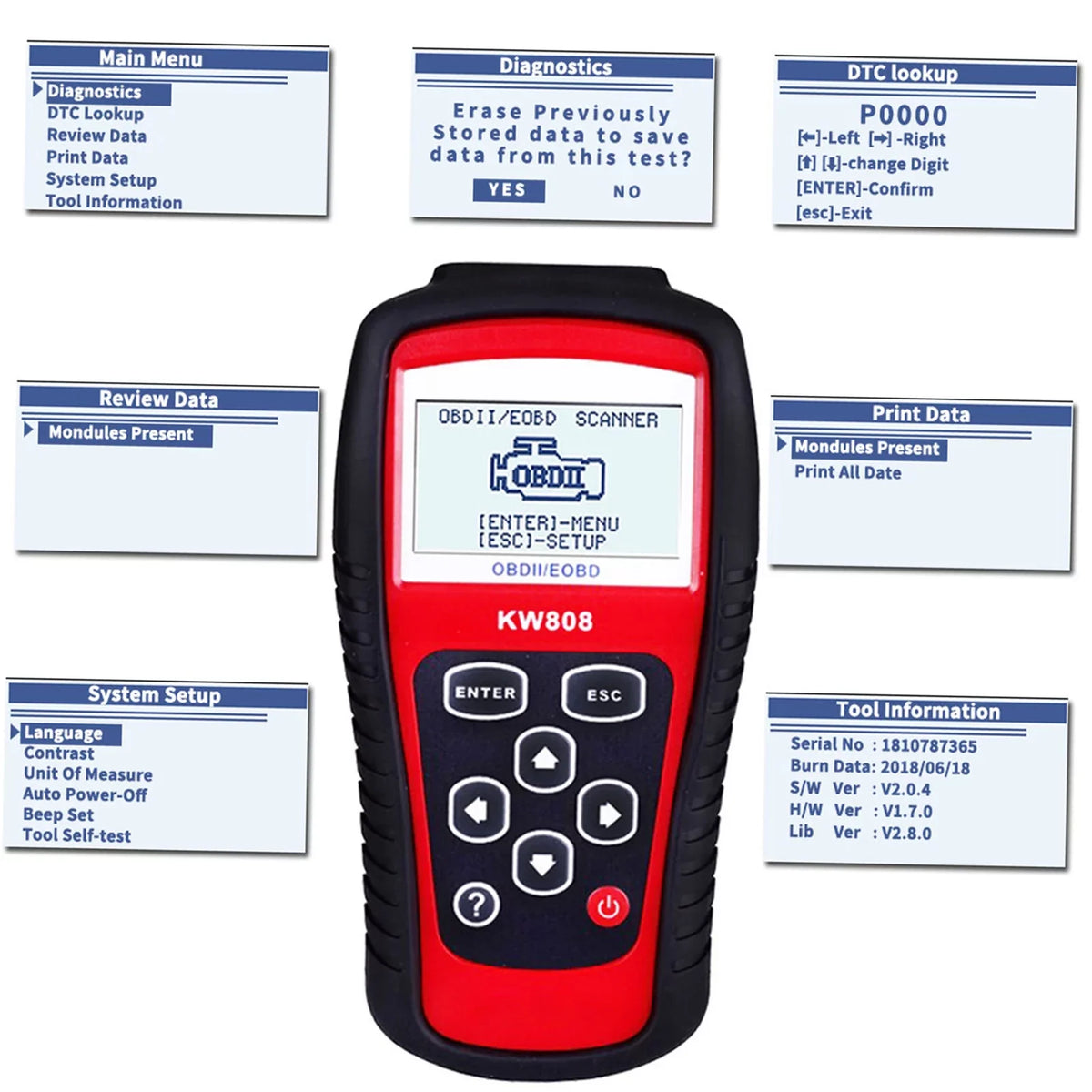 and Scanner for Reader Scanner Code OBDII/EOBD Moobody Automotive KW808, Detection Auto Car