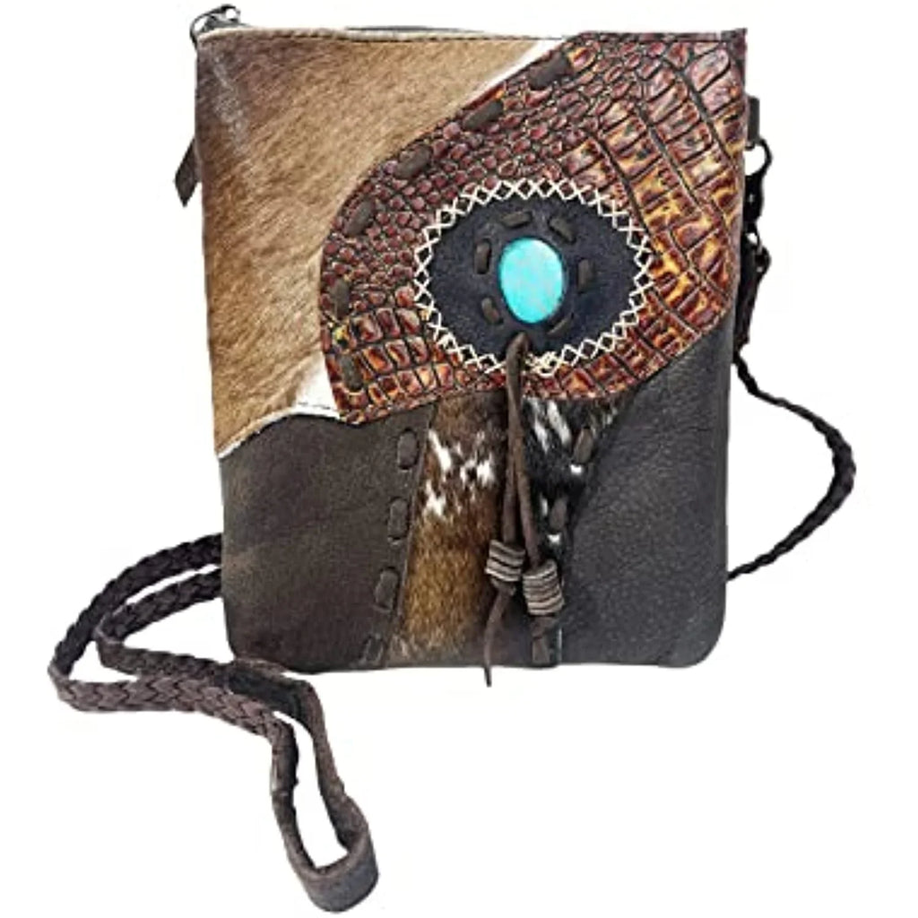 Purse Leather (Dark Tote Cowhair Purses Handbag Brown) Teal Bag Stitched Stone Urbalabs Western Tooled Hand Tassel Crossbody