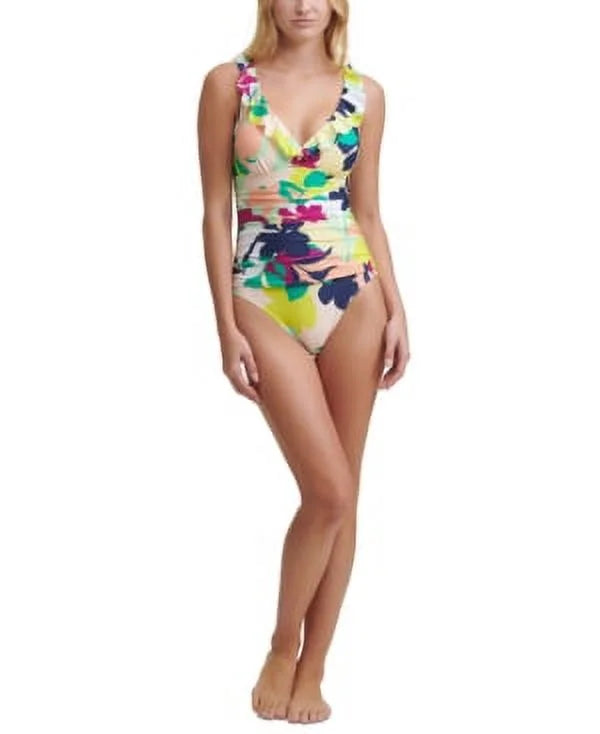 One 6 DKNY Printed Piece Ruffled Swimsuit, NAVY MULTI US