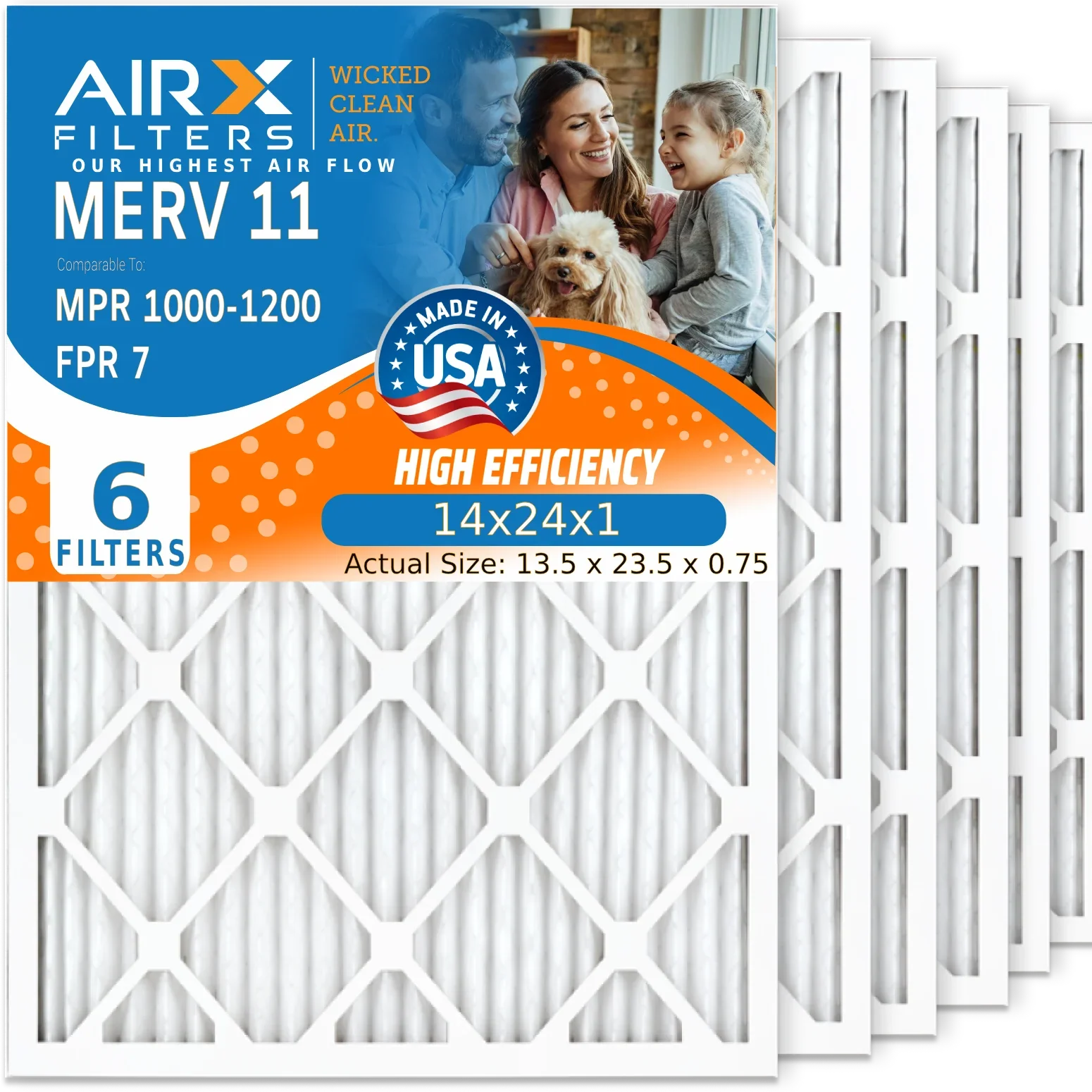 14x24x1 MERV Air USA Furnace Conditioner AIRX 14x24x1 WICKED 1200 7 FPR Premium MPR to AIR. Filters 11 Comparable MPR 1000, 6 CLEAN by Pleated FILTERS & Made Filter Electrostatic Pack Air HVAC Filter