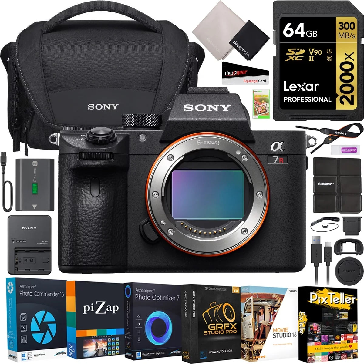 a7R Deco 2000X Frame Camera Full + III Version Body Video Card, Mirrorless ILCE-7RM3A/B New + Memory Kit Bundle Sony with Software Sony Case Photo Accessories Gear LCSU21 Lexar 64GB