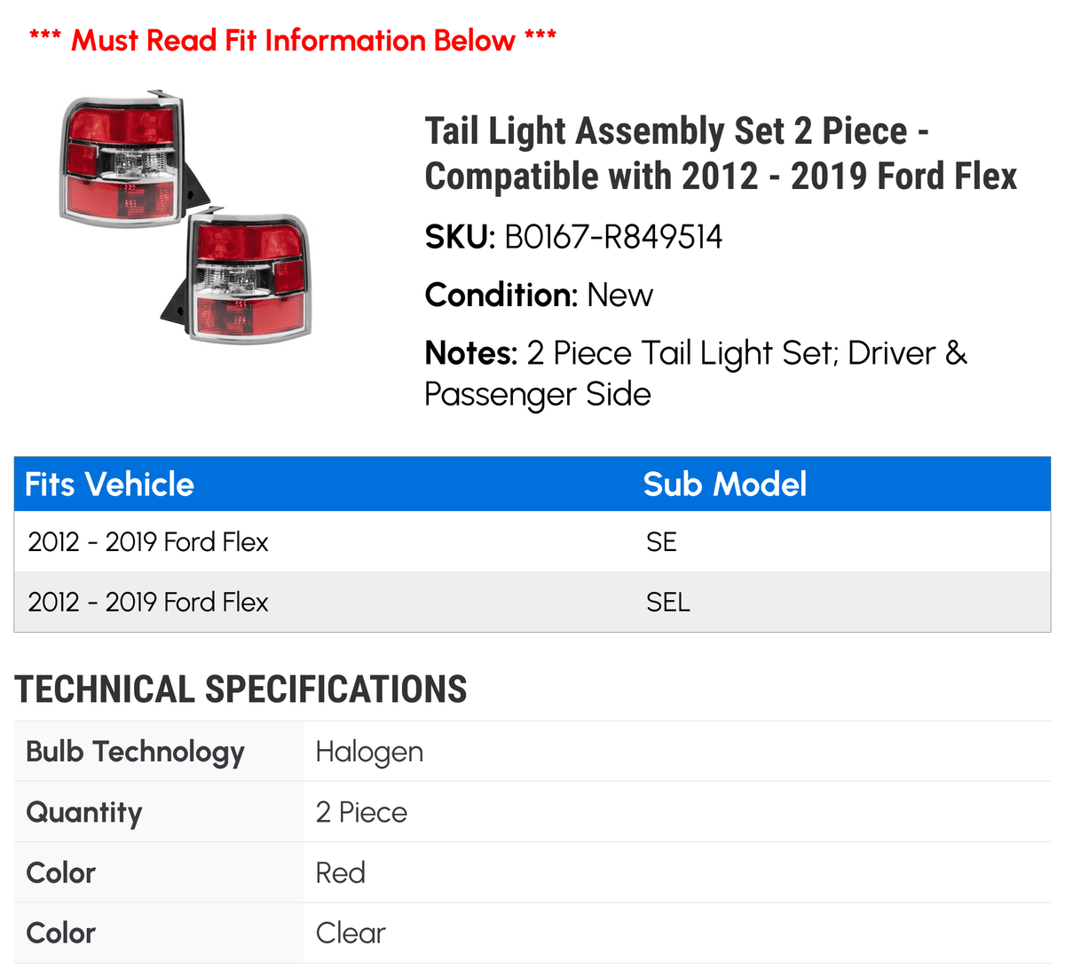2012 - - 2017 2018 2013 Piece 2 Set Tail Compatible 2015 Light Ford 2016 Flex with Assembly 2019 2014