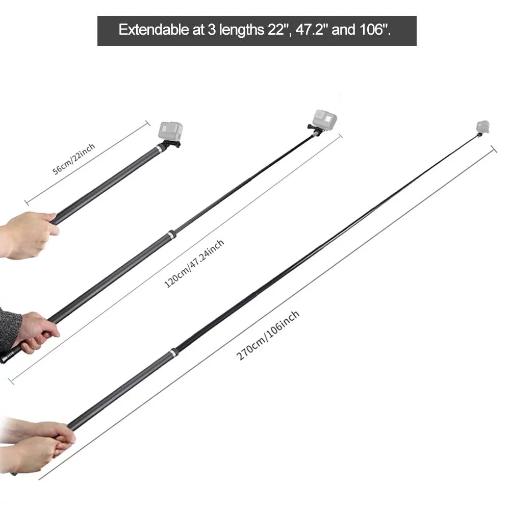One Handheld Fiber OSMO Extendable Lightweight Hero 10/9/8/7/6/Hero R Action Ultra C Monopod 5 Black(2018) Stick Replacement Carbon Long Replacement GoPro Inch for Selfie for Pole 2.7M/106