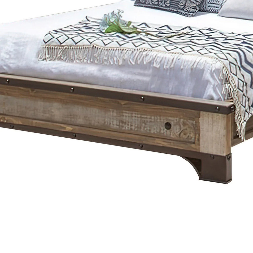 Size Round Brown Wood Fena Bed, Benjara Multicolor Nailheads, King Distressed Black