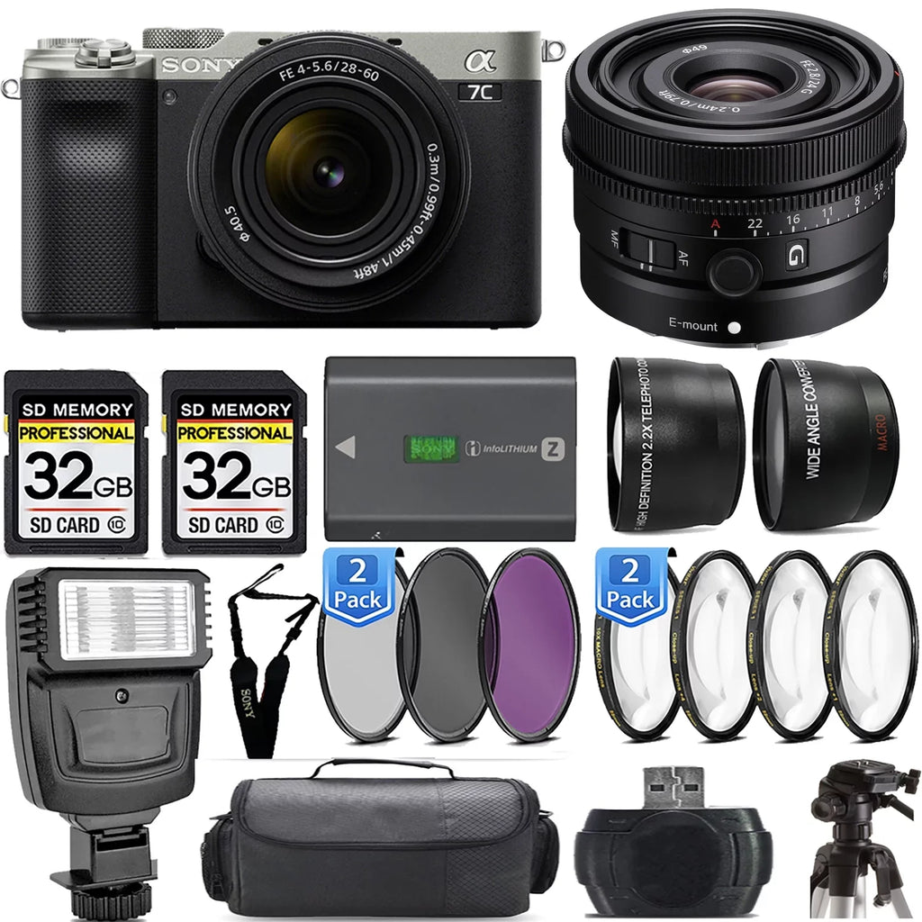 a7C Kit Mirrorless Lens+24mm f/2.8 Lens Sony 28-60mm with Camera (Silver) G +Flash-