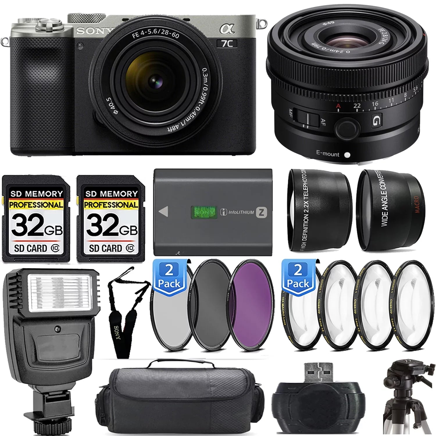 a7C Kit Mirrorless Lens+24mm f/2.8 Lens Sony 28-60mm with Camera (Silver) G +Flash-