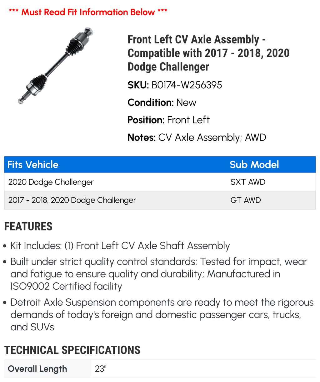 2018, Assembly Challenger 2017 CV Front Compatible 2020 Dodge Axle - - with Left