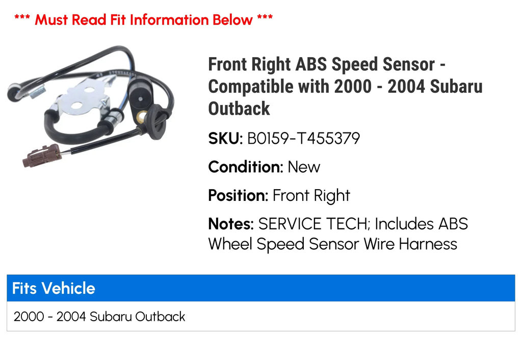 Outback 2002 ABS 2001 Right Subaru 2000 Front 2003 Compatible - with 2004 Sensor - Speed