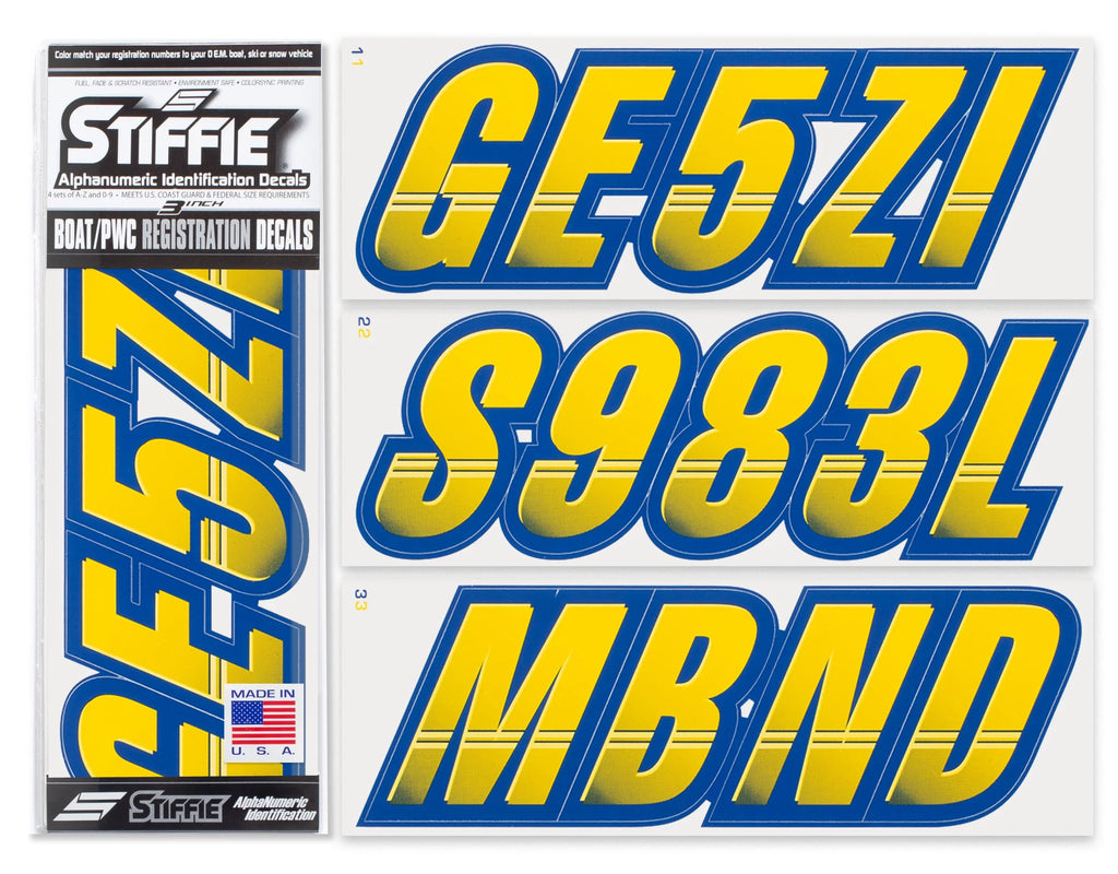 Alpha-Numeric Marine PWC Numbers & for STIFFIE Techtron Decals Yellow/Navy Kit Personal Registration Letters & Stickers Custom Watercraft 3" Boats Identification