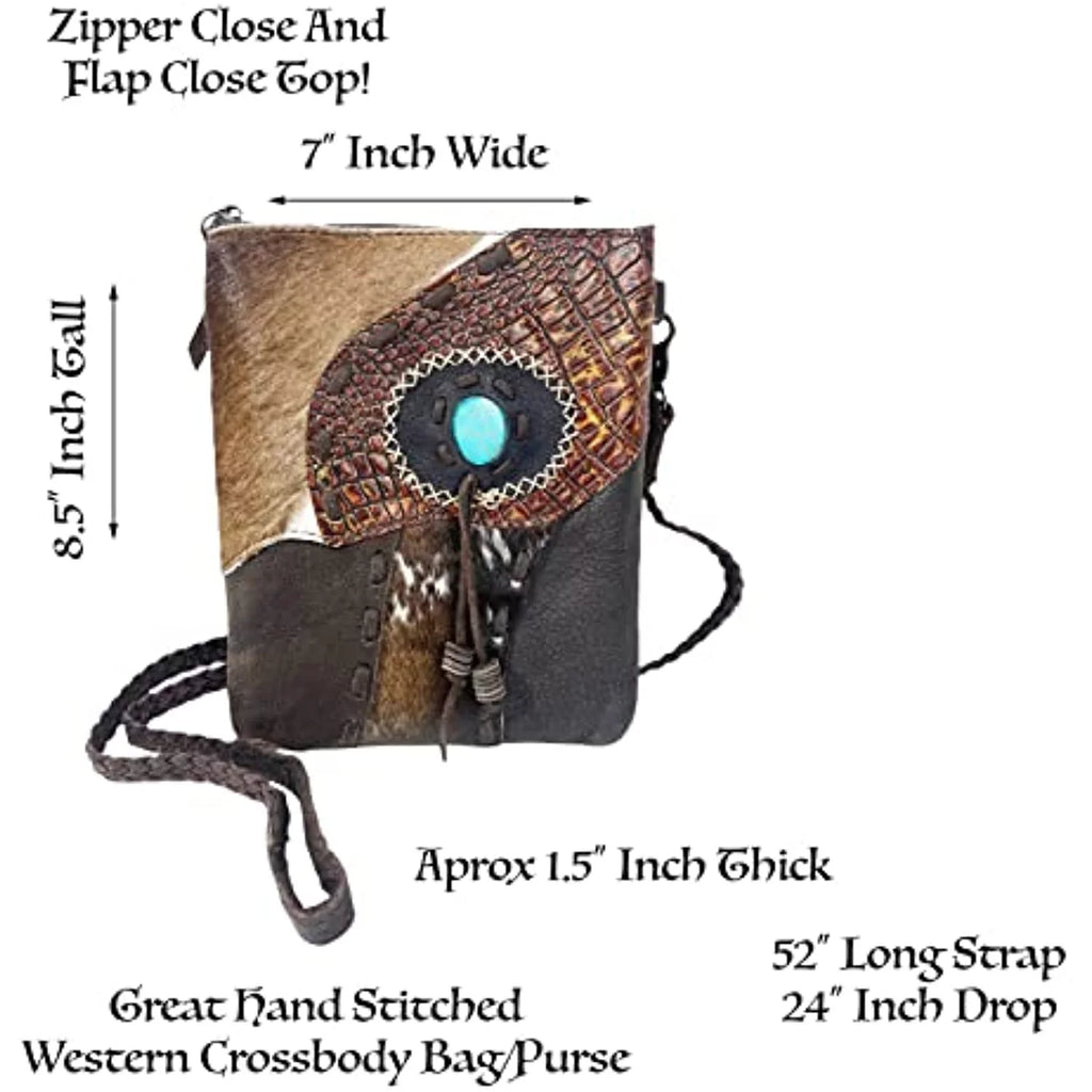 Purse Leather (Dark Tote Cowhair Purses Handbag Brown) Teal Bag Stitched Stone Urbalabs Western Tooled Hand Tassel Crossbody