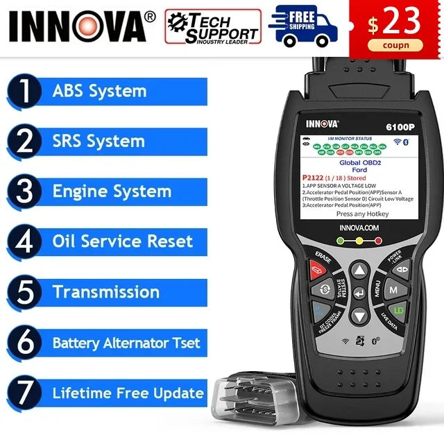 Tool Analyzer Truck Reset Innova SUV Auto Scan Automotive All OBDII Test OBD2 Diagnostic Hybrid OBD2 Car for Car 6100P Scanner Battery Oil Reader Code Scanner SRS ABS Automotive Light Scanner Engine