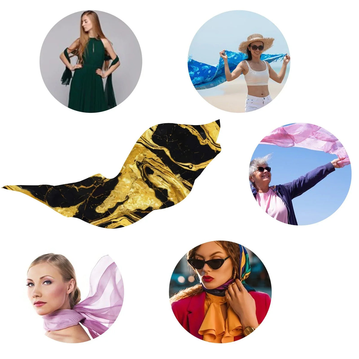 Scarf Long Packed Wraps Women for Wraps Oblong Silk Gift Shawls FREEAMG Large Golden Sunscreen Hair Neck Marble Headscarf