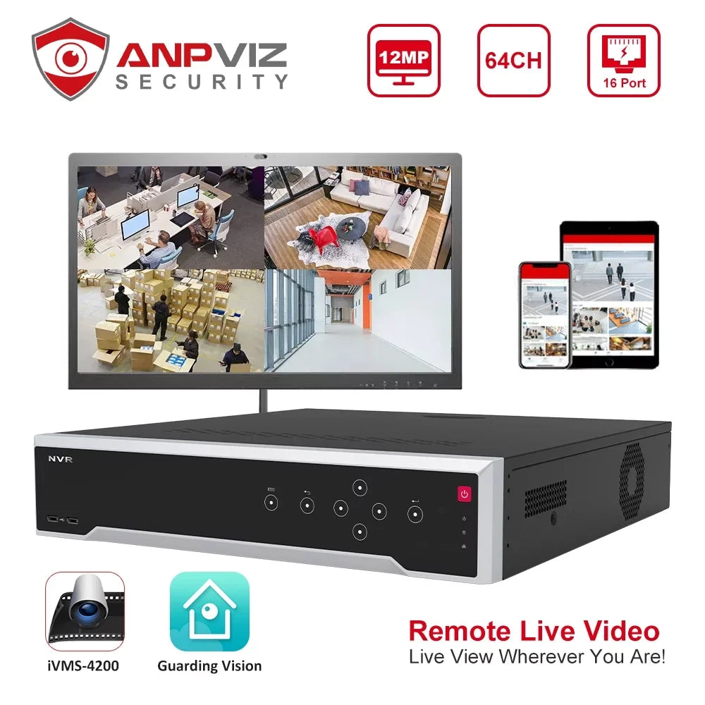 Output 4K PoE Play 12MP 24/7 Recording, 64CH Recorder NVR, Simultaneous HDMI/VGA Video Plug Anpviz Network Embedded Video & for