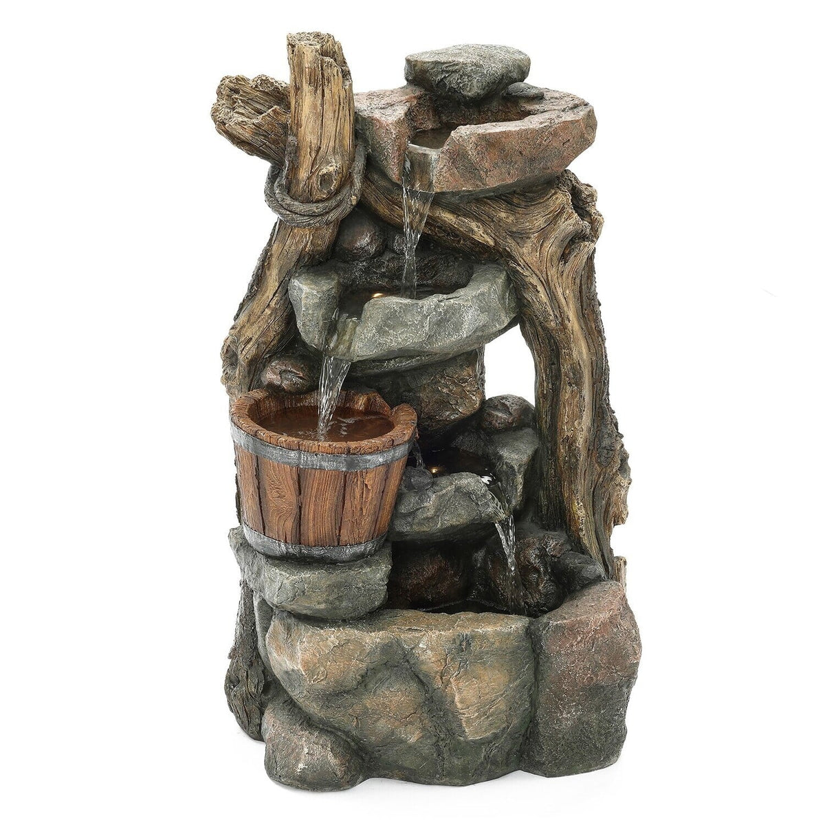 Wall And Rock Barrel Stacked Naturally Fountain With HomeStock Outdoor Nice Lights Led Resin