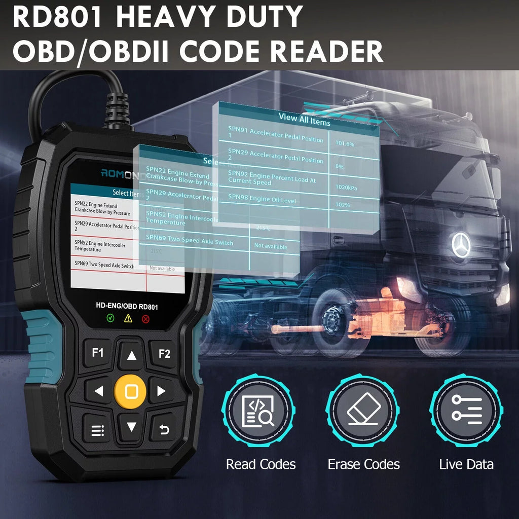 Diesel OBD2 Truck Scanner Heavy Diagnostic Scanner Truck Code RD801 Duty Tool Reader Romondes