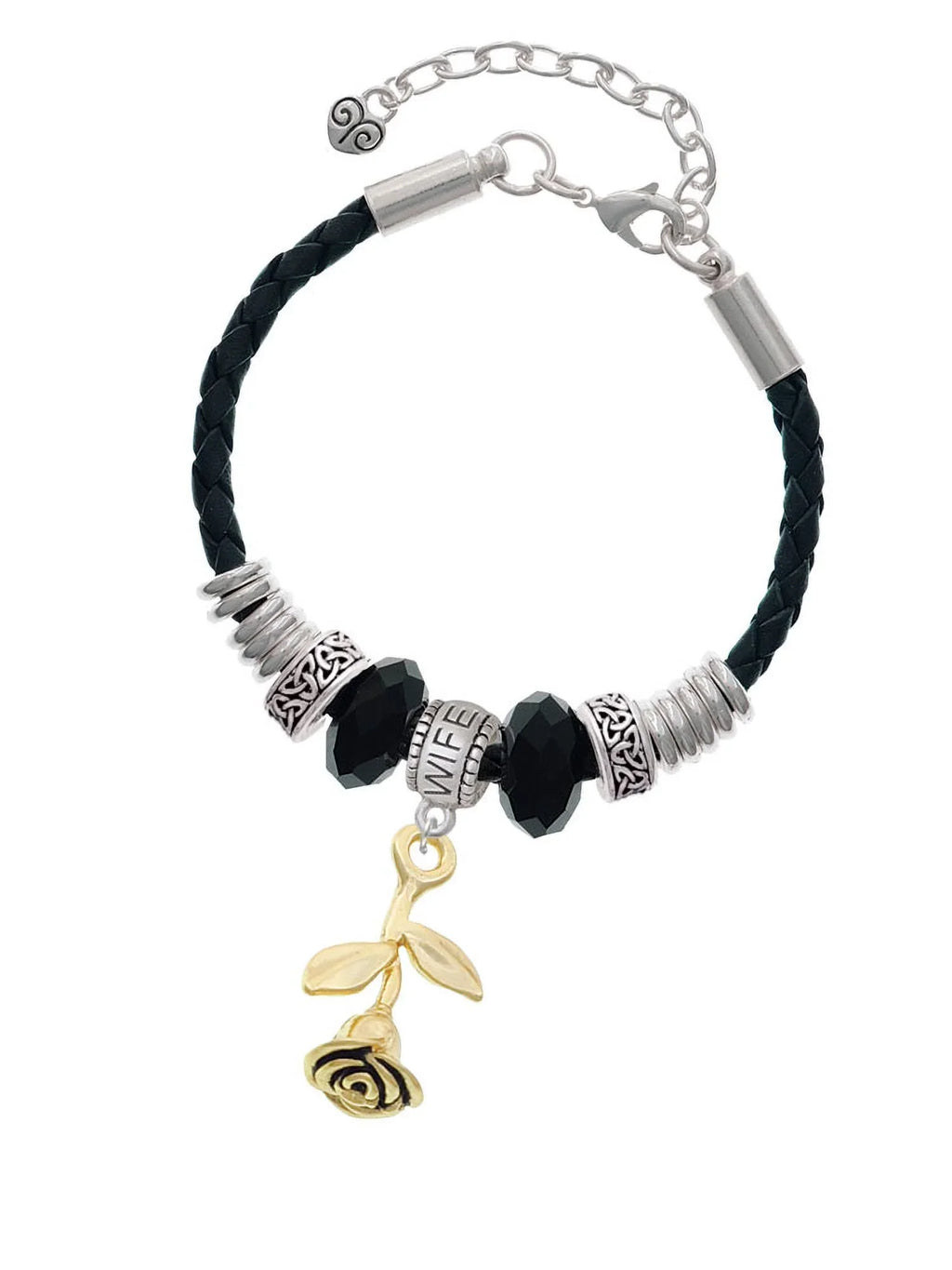 Jewelry Goldtone Stemmed Bracelet, Wife 7"+2" Bead Leather Knot Delight Celtic Rose Extender