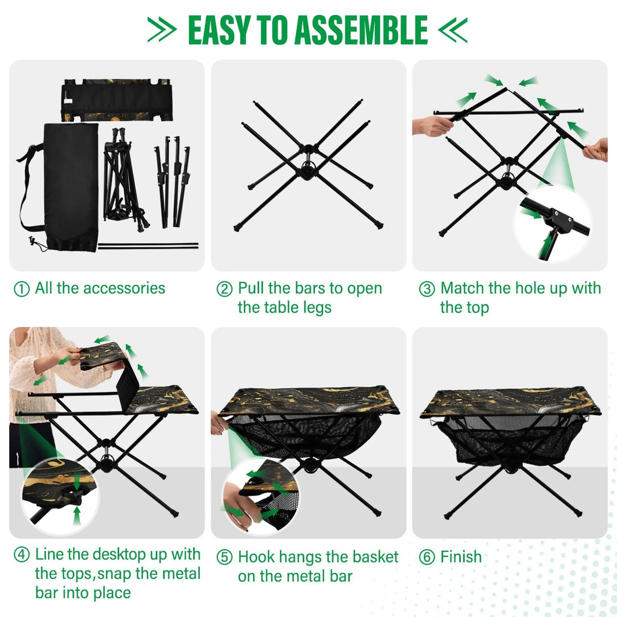 Table Beach Camping and Picnic Gold Fishing Outdoor Travel Bag with Storage for BBQ Compact Luxury Marble Table Table Folding Portable Black
