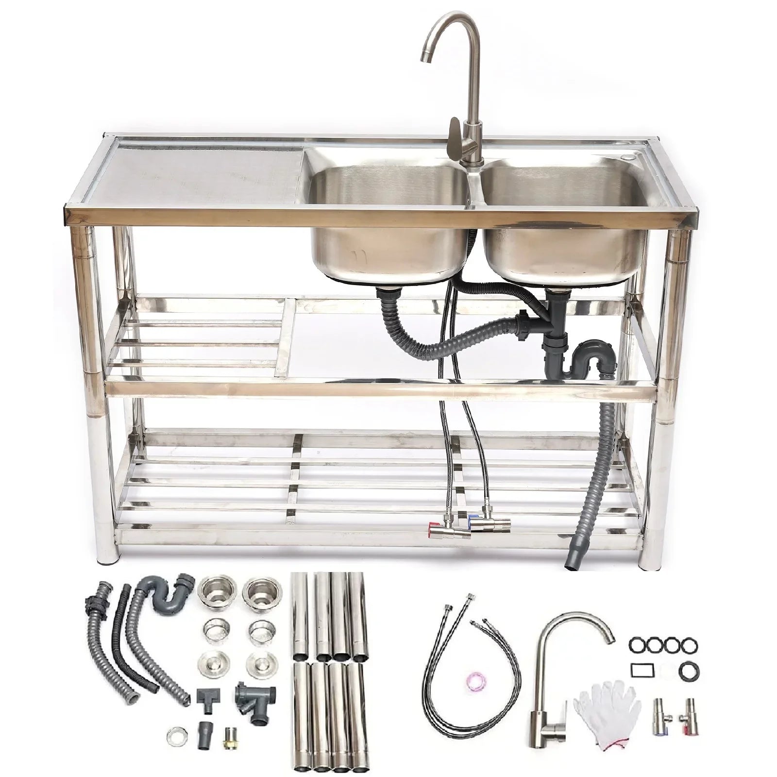 Table+360° Faucet+2 Prep Loyalheartdy Commercial Utility Drainboard Sink Steel Sink Catering Compartment 2 Kitchen Stainless Basin