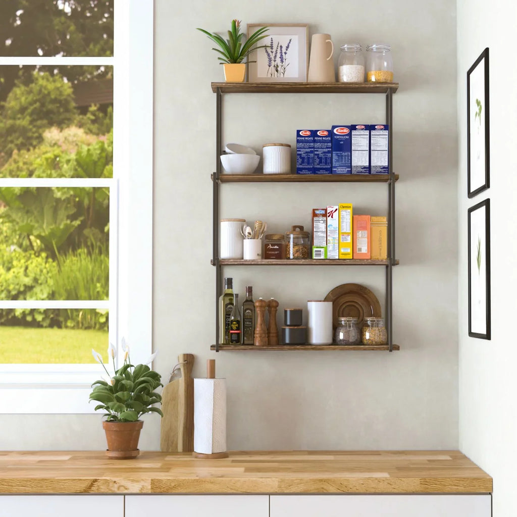 Porto Wall Kitchen 4-Tier Rustic Floating Wood Farmhouse for Laundry Bookcases Organizer, Burned Storage Natural Wallniture Shelves