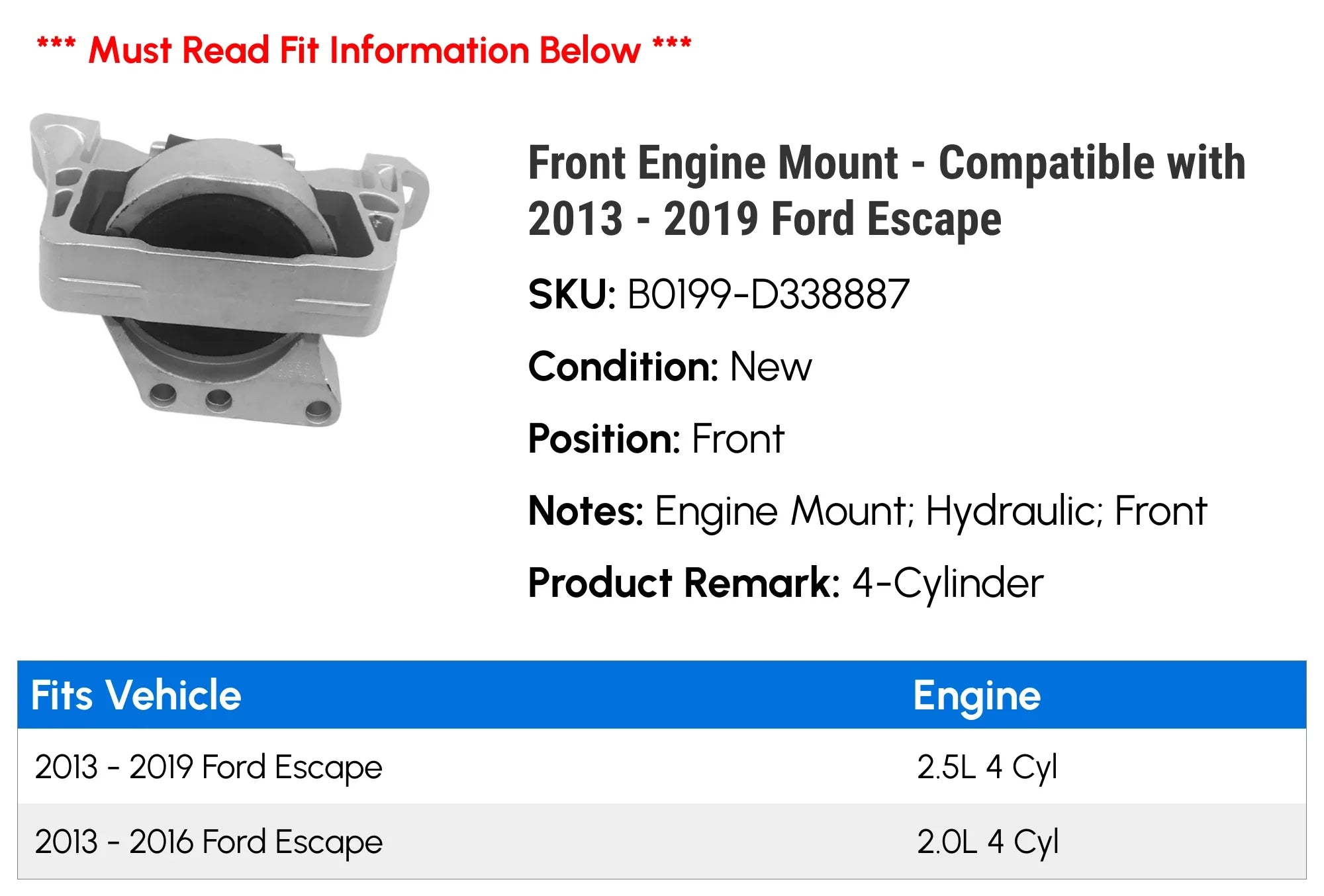 Escape 2016 - Compatible 2013 - Mount 2018 Ford 2014 Front 2019 2015 with Engine 2017