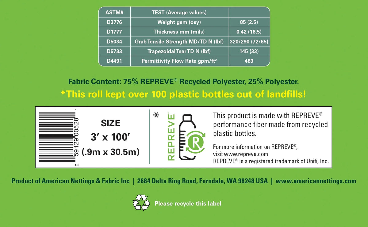 Premium REPREVE Nettings 3' American (Lifetime) Recycled Landscape Contractor Plus Fabric 100' x