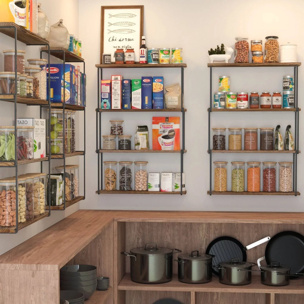 Porto Wall Kitchen 4-Tier Rustic Floating Wood Farmhouse for Laundry Bookcases Organizer, Burned Storage Natural Wallniture Shelves