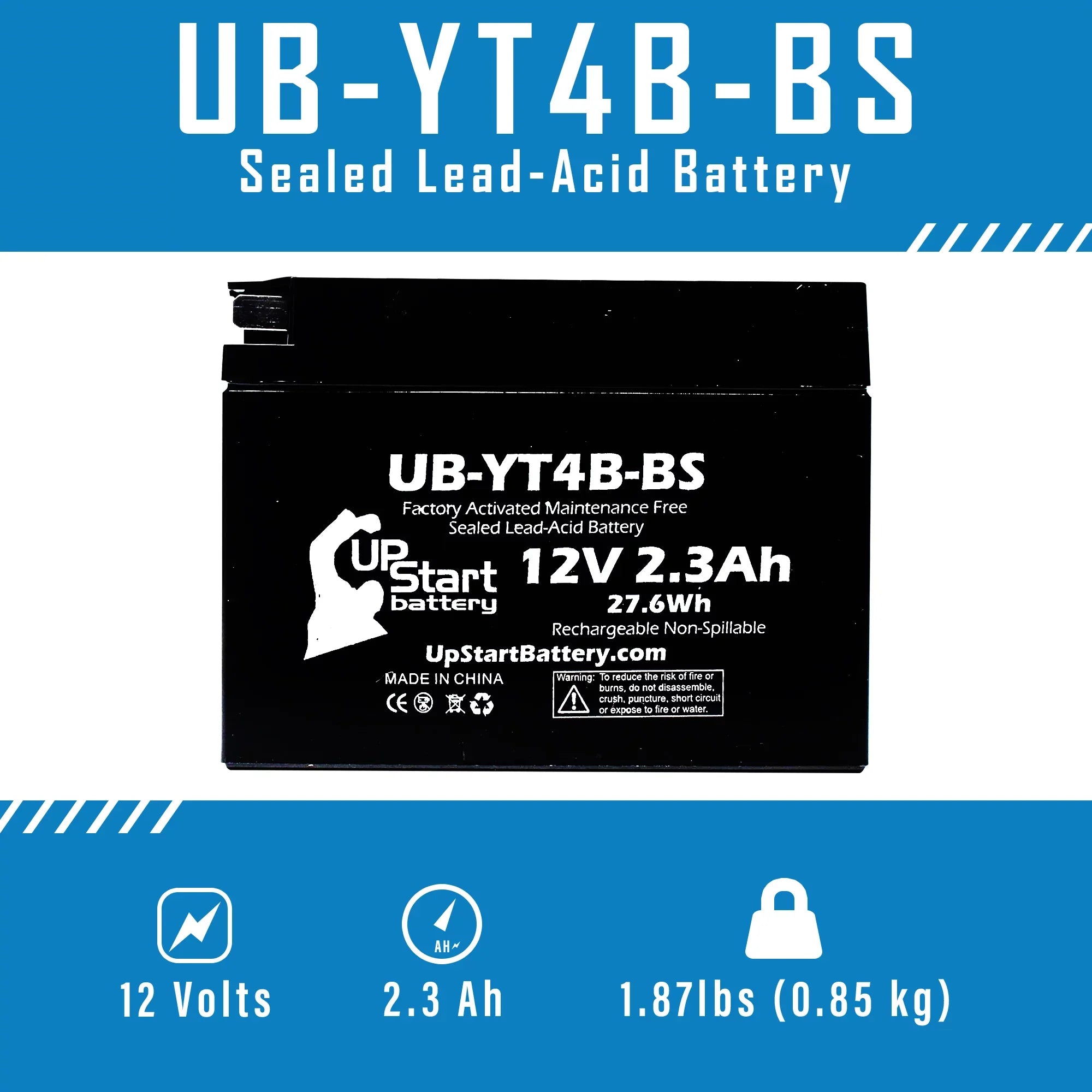 Free, Maintenance Yamaha SR400 for 400CC Activated, Battery Battery UpStart Motorcycle 2008 12V, UB-YT4B-BS - 3-Pack 2.3Ah, Replacement Factory