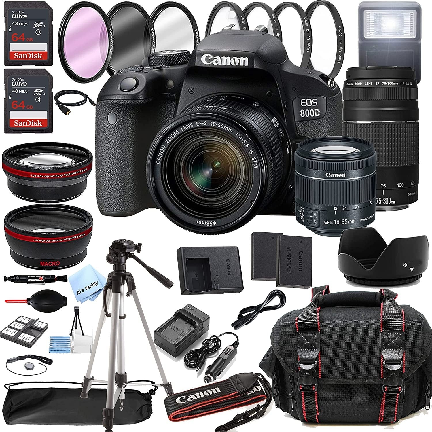 F/4-5.6 Filters Bundle 18-55mm Case III EOS Lens Tripod + 128GB Zoom + + T7i DSLR 75-300mm Camera w/EF-S + 800D is F/4-5.6 STM + Lens 38pc Memory Canon Rebel