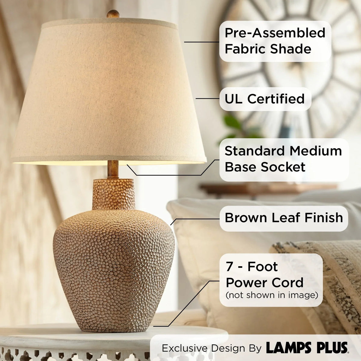 Bedroom Lamp Leaf Living Tall Lighting Shade Hammered Off 360 Bentley Table Farmhouse Brown 29" Rustic Textured Room for House Home Empire White Pot