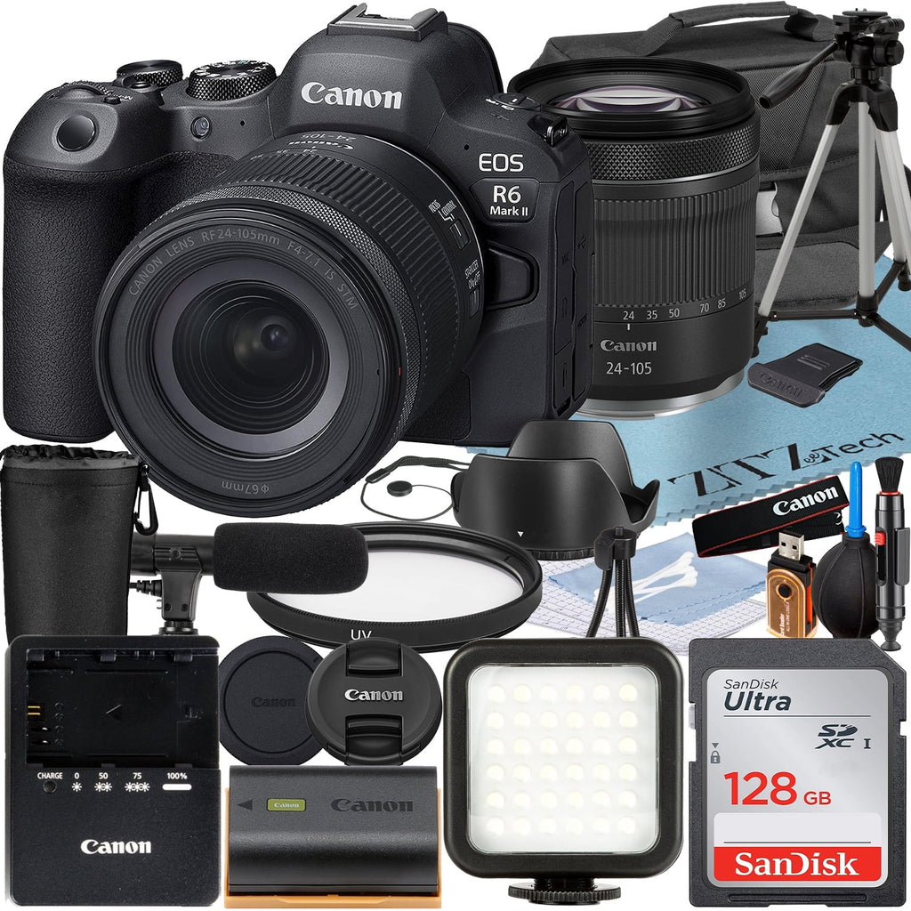 RF Bundle Mark Memory Card Lens Camera R6 Case EOS + Flash + Accessory ZeeTech 128GB Mirrorless + 24-105mm SanDisk with II Canon LED +