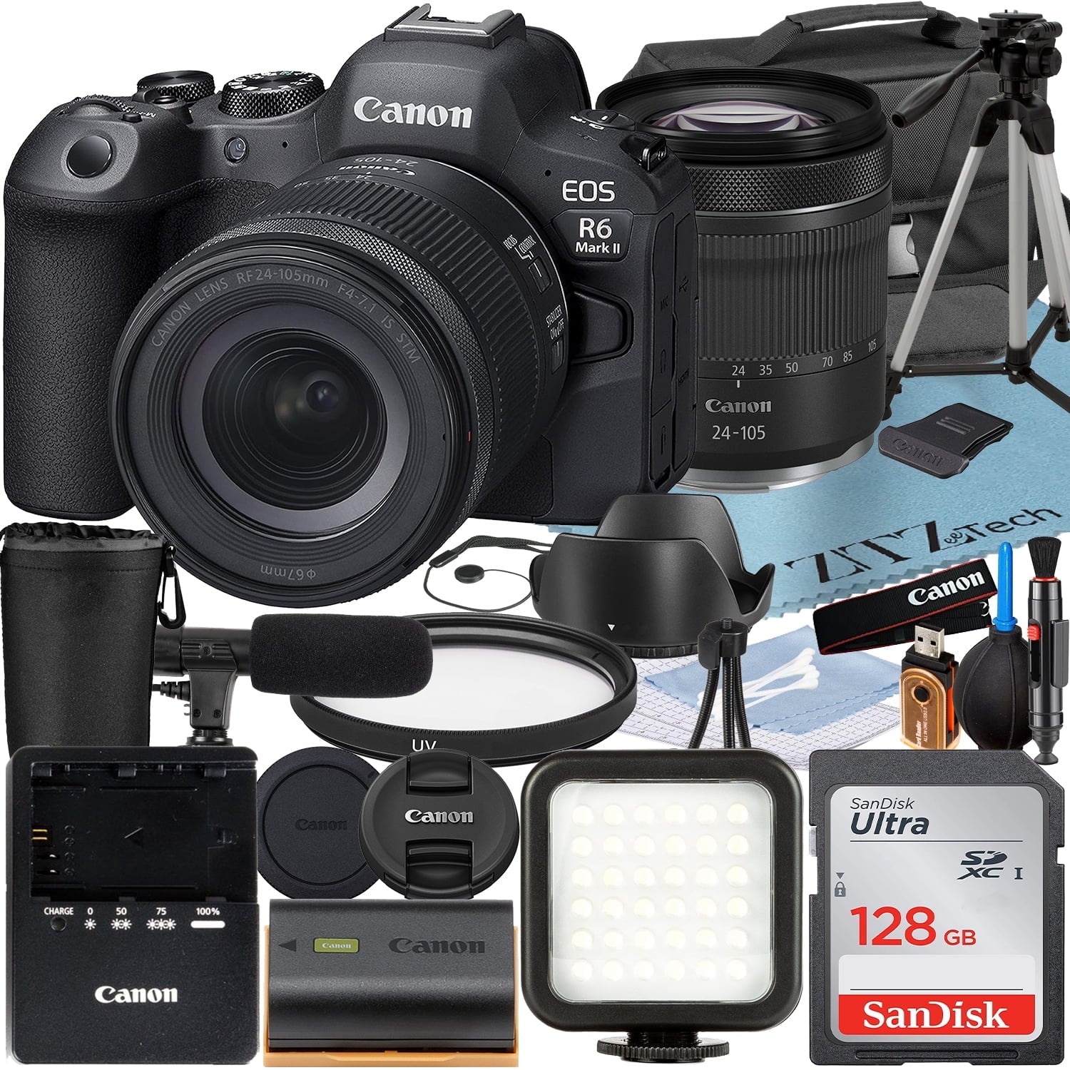 RF Bundle Mark Memory Card Lens Camera R6 Case EOS + Flash + Accessory ZeeTech 128GB Mirrorless + 24-105mm SanDisk with II Canon LED +